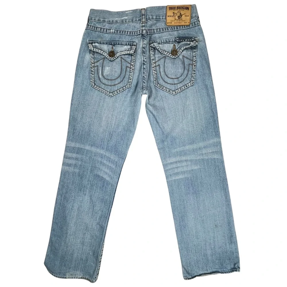 True Religion Men's 36x34 Ricky Big T Light‎ Wash Straight Leg Jeans 100% Cotton